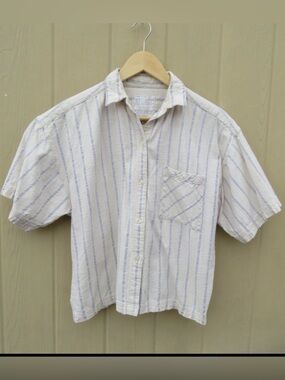 90s Textured Weave At Cream Button-Down Shirt with Blue Stripes M